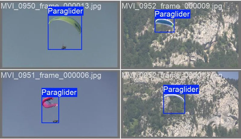 SmartTrack computer vision preview showing paragliders detected and tracked in high-zoom outdoor footage.